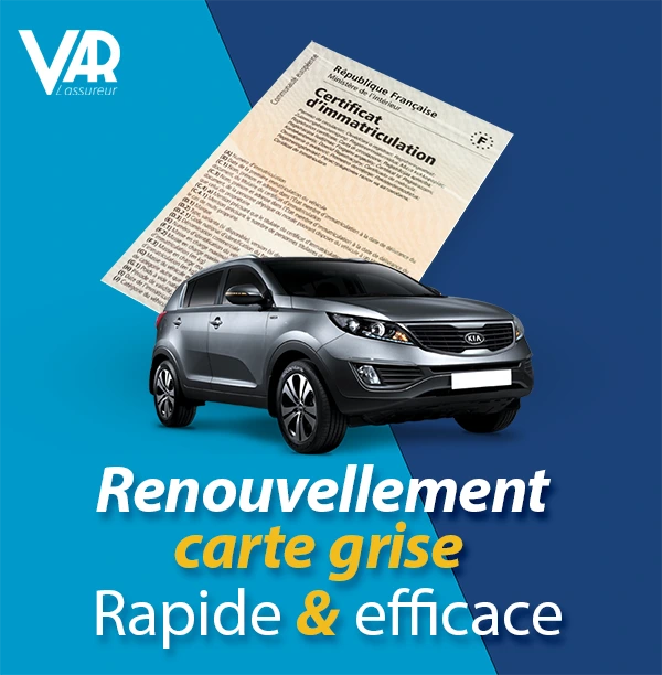 Visuel illustrant le service de renouvellement de carte grise, avec une voiture moderne et un certificat d'immatriculation en arrière-plan, mettant en avant un service rapide et efficace