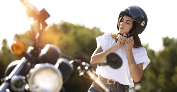 Une femme attache son casque avant de monter sur sa moto, prête pour un trajet en toute sécurité