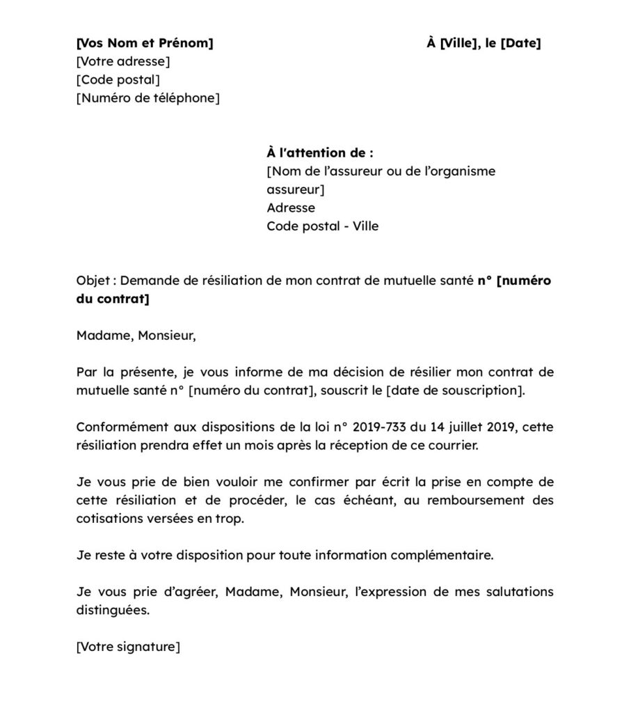 lettre pour résilier une mutuelle santé