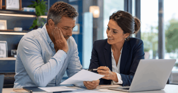 assurance-auto-des-resilies.webp Conseillère en assurance accompagnant un conducteur résilié pour retrouver une assurance auto